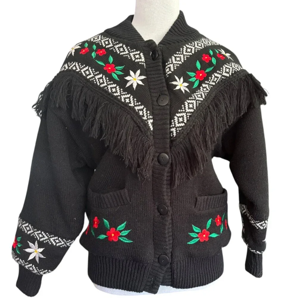 Hallie Robin Vintage 80s girls‎ folk native sweater sherpa jacket fringes sz 10
